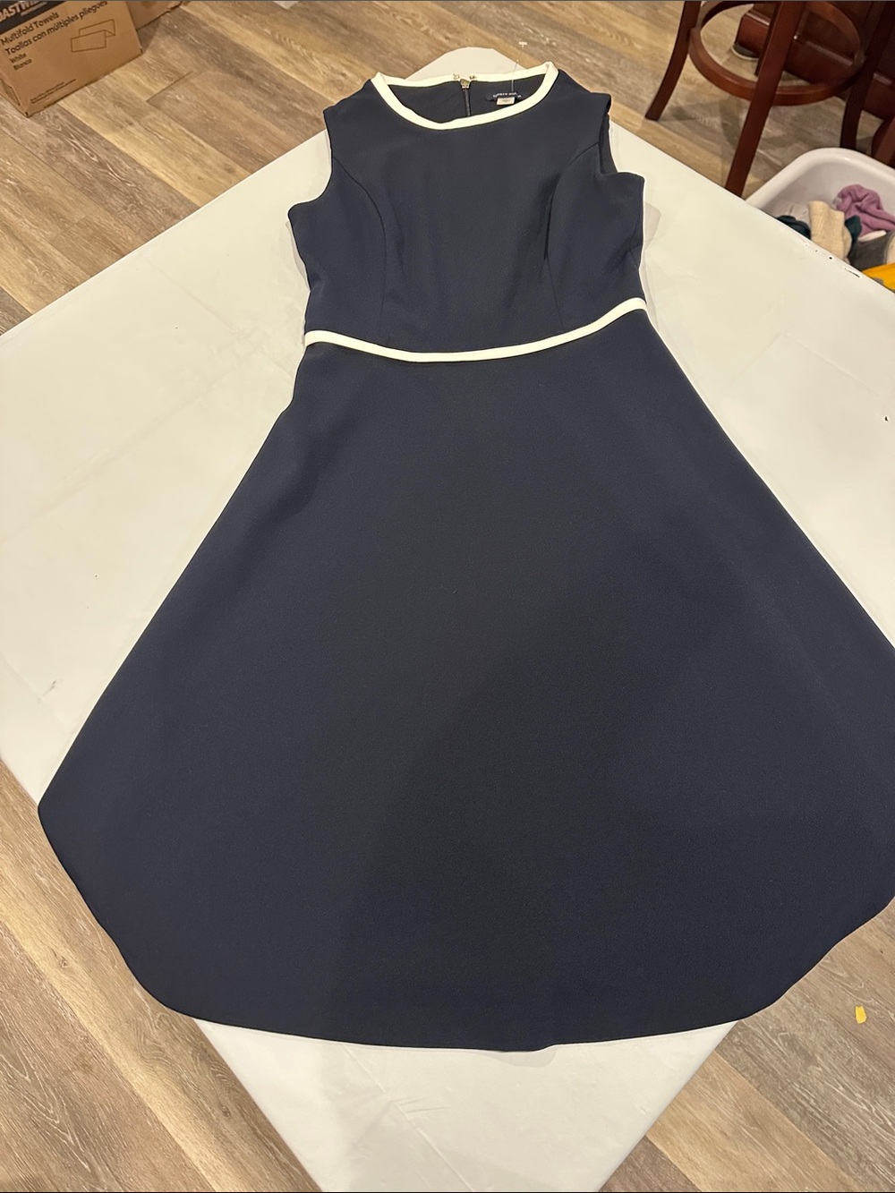 Navy Sleeveless A-Line Dress with White Piping